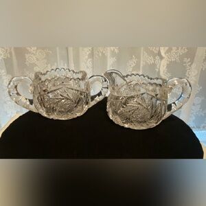 Antique HOBSTAR Crystal Cream & Sugar Bowl; American Brilliant Period 1867-1917